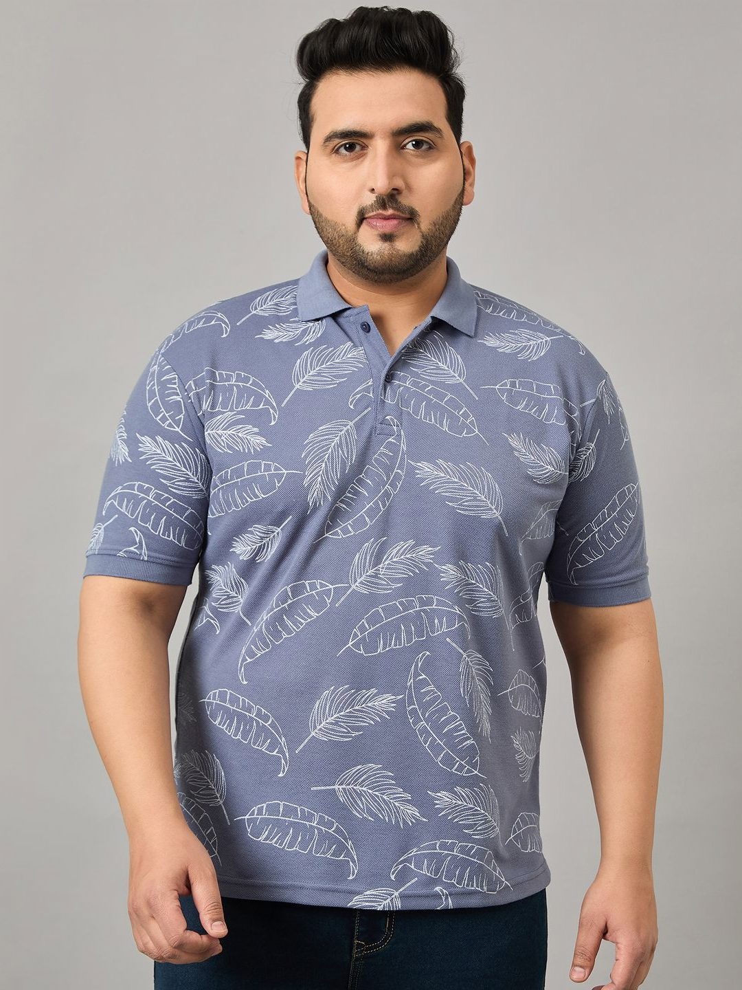 

NYKER Men Plus Size Floral Printed Polo Collar Cotton T-shirt, Grey