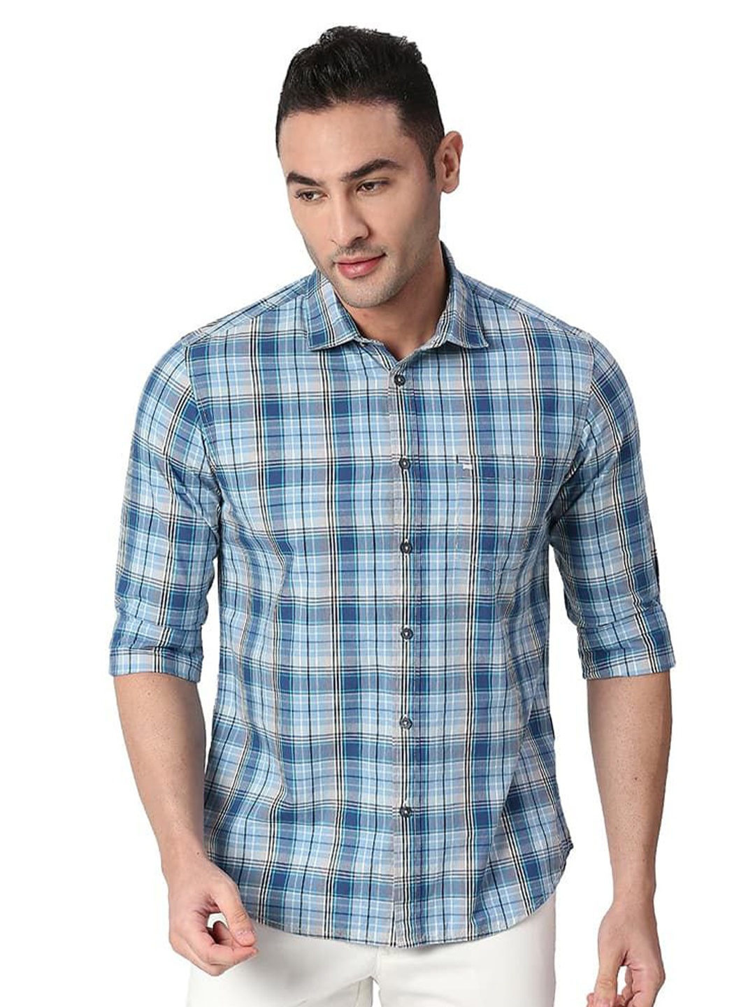 

Basics Men Relaxed Fit Spread Collar Tartan Checked Cotton Casual Shirt, Blue