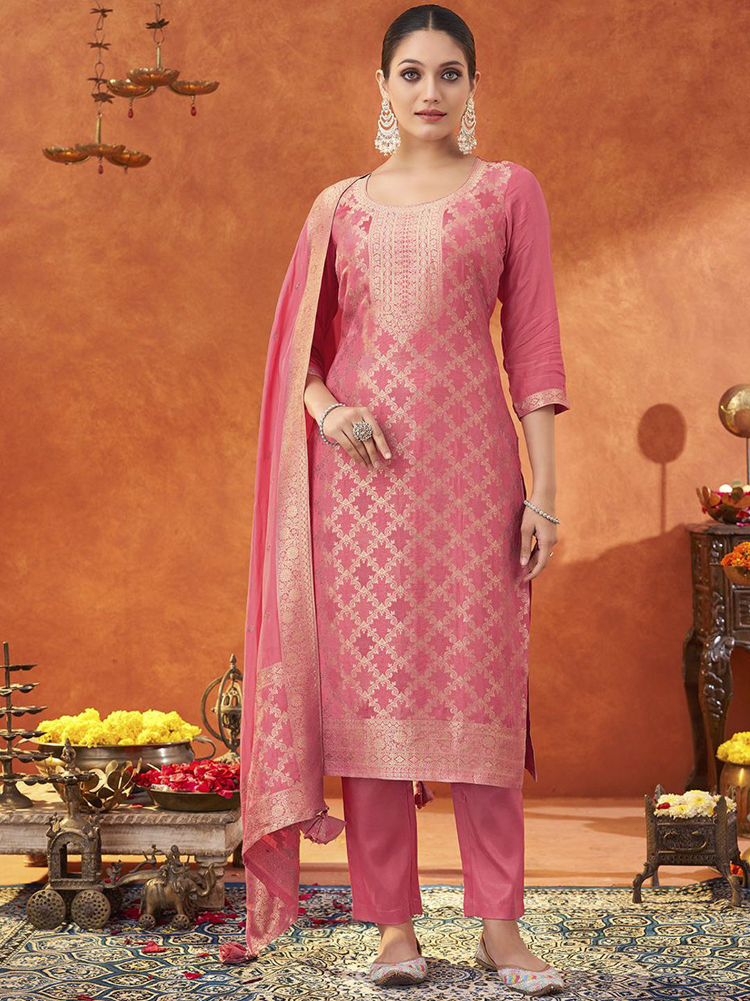 

Saanjh Ethnic Motifs Woven Design Pure Muslin Straight Kurta With Trousers & Dupatta, Pink
