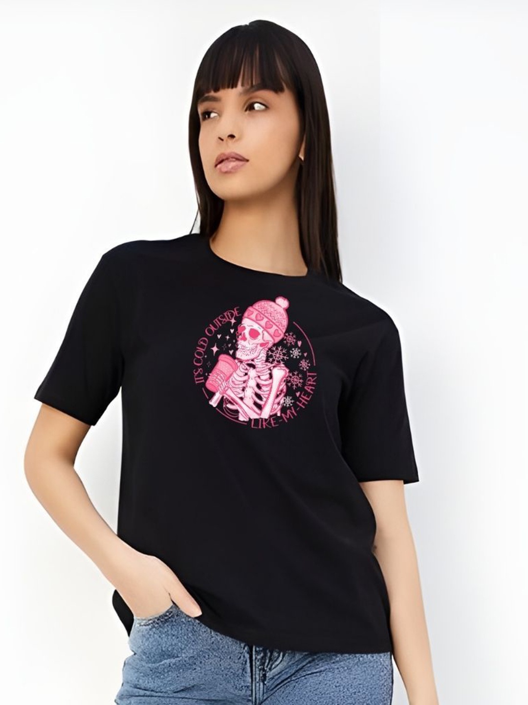 

DressBerry Women Graphic Printed Round Neck Cotton Boxy T-shirt, Black