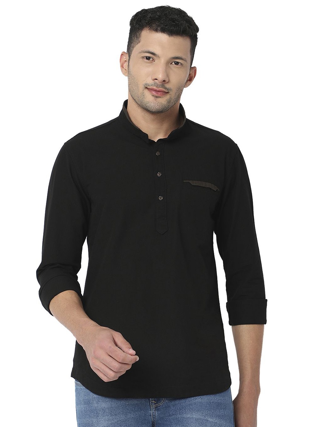 

SPYKAR Men Band Collar Solid Cotton Casual Shirt, Black