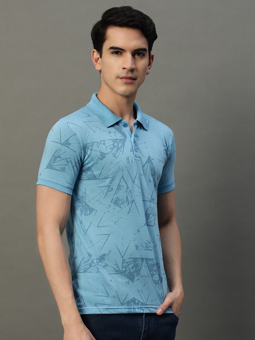 

SIMPLE SOLUTION Men Geometric Printed Polo Collar Cotton T-shirt, Blue