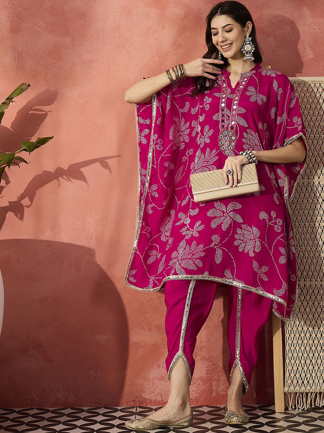 

Sangria Pink Floral Printed Mandarin Collar Mirror Work Kaftan Kurta With Dhoti Pant