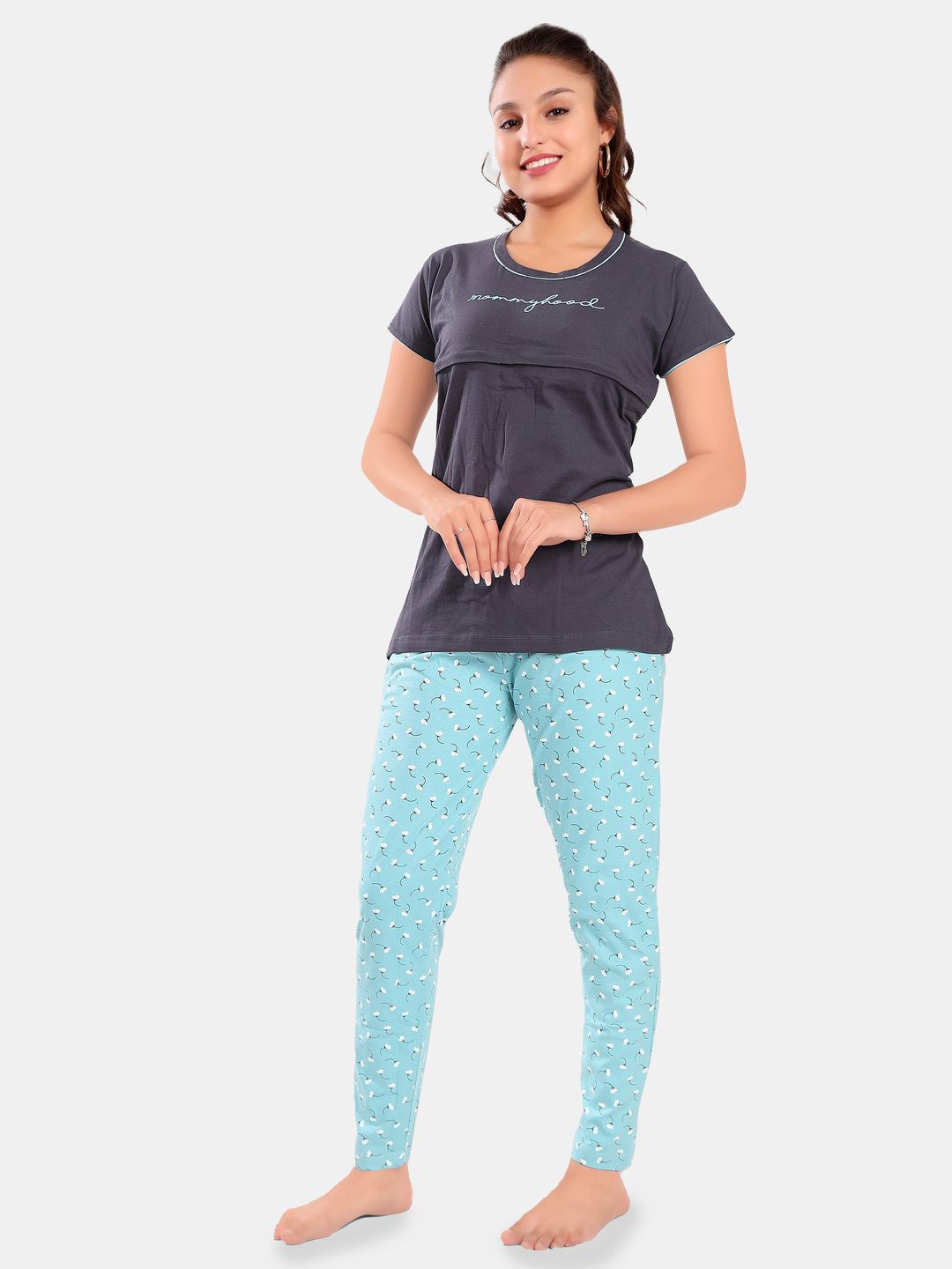 

SWEET MOON Typography Printed Round Neck Maternity T-Shirt With Pyjama, Grey