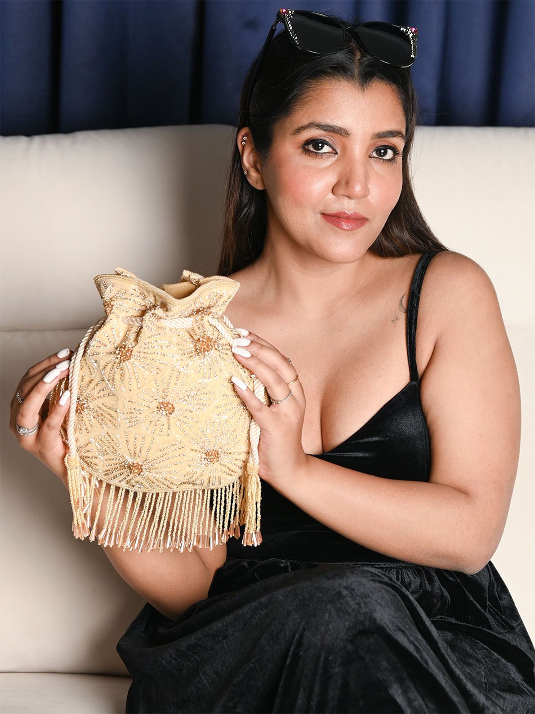 

ODETTE Embellished With Sequin And Bead Work Potli Clutch, Gold