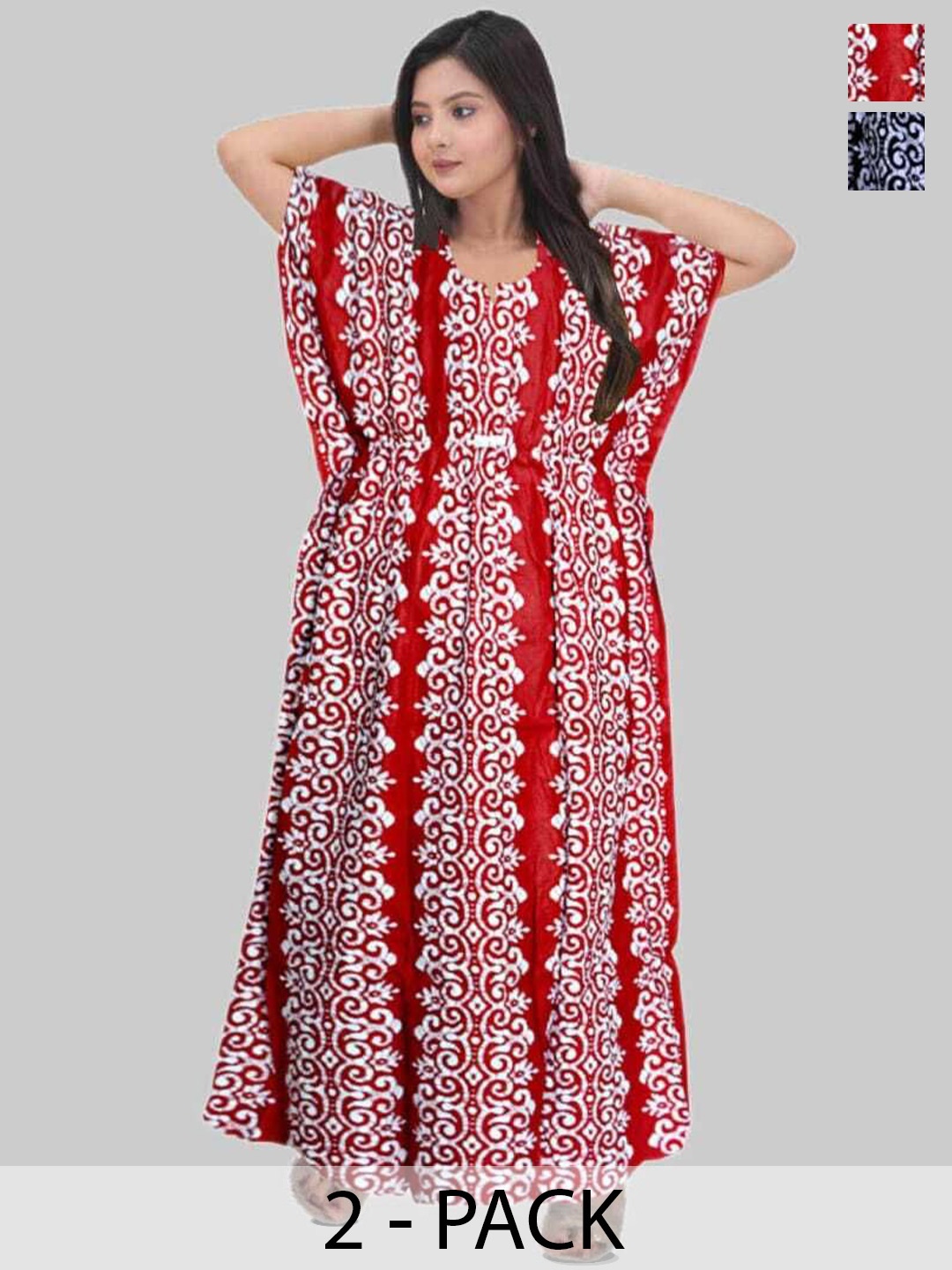 

PR PINK ROYAL Women Pack Of 2 Printed Pure Cotton Maxi Kaftan Nightdress, Maroon