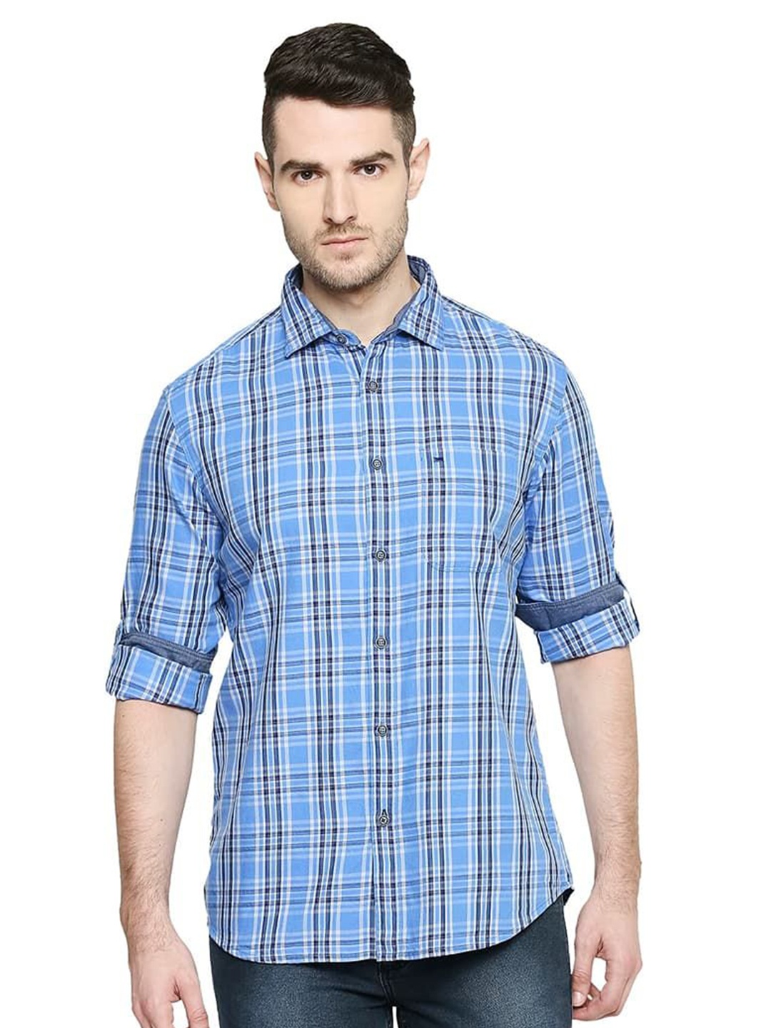 

Basics Men Relaxed Fit Spread Collar Tartan Checked Cotton Casual Shirt, Blue