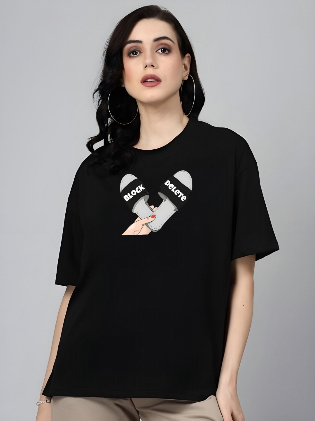 

DressBerry Women Graphic Printed Round Neck Cotton Oversized T-shirt, Black