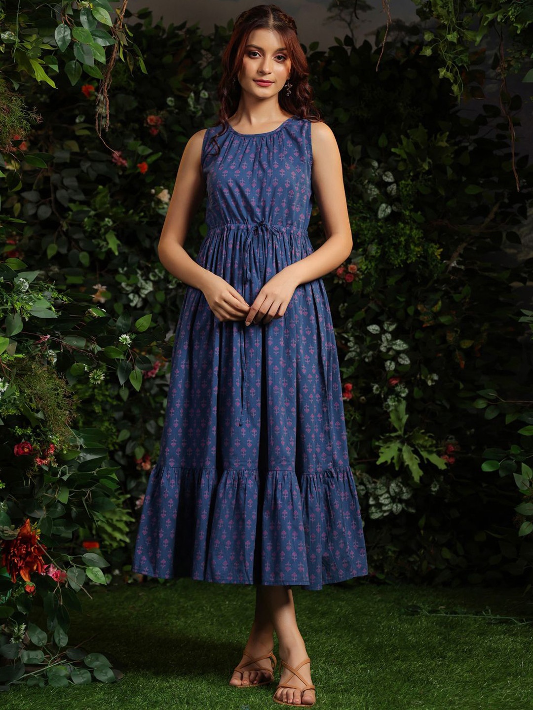 

anayna Women Printed Fit & Flared Cotton Sleeveless Dress, Blue