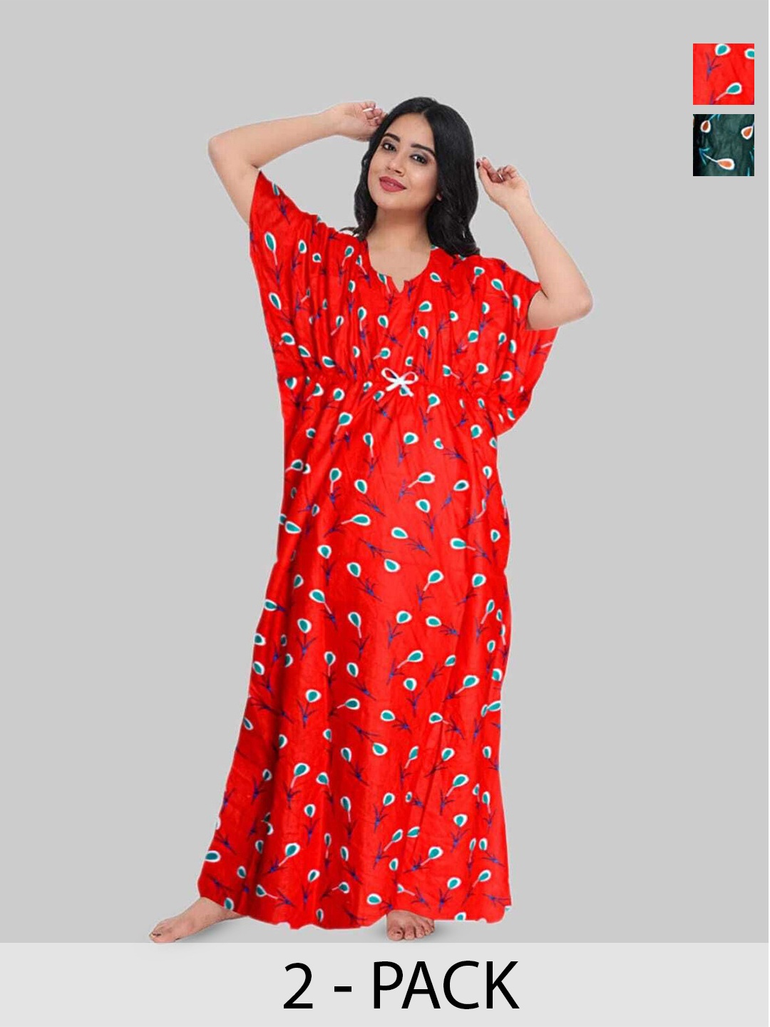 

PR PINK ROYAL Women 2Pcs Printed Maxi Nightdress, Red