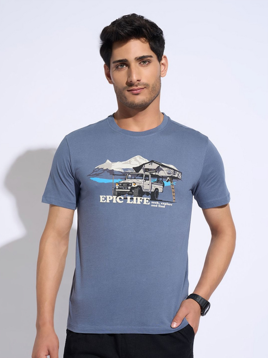 

7 Alt by Pantaloons Men Graphic Printed Round Neck Cotton T-shirt, Blue