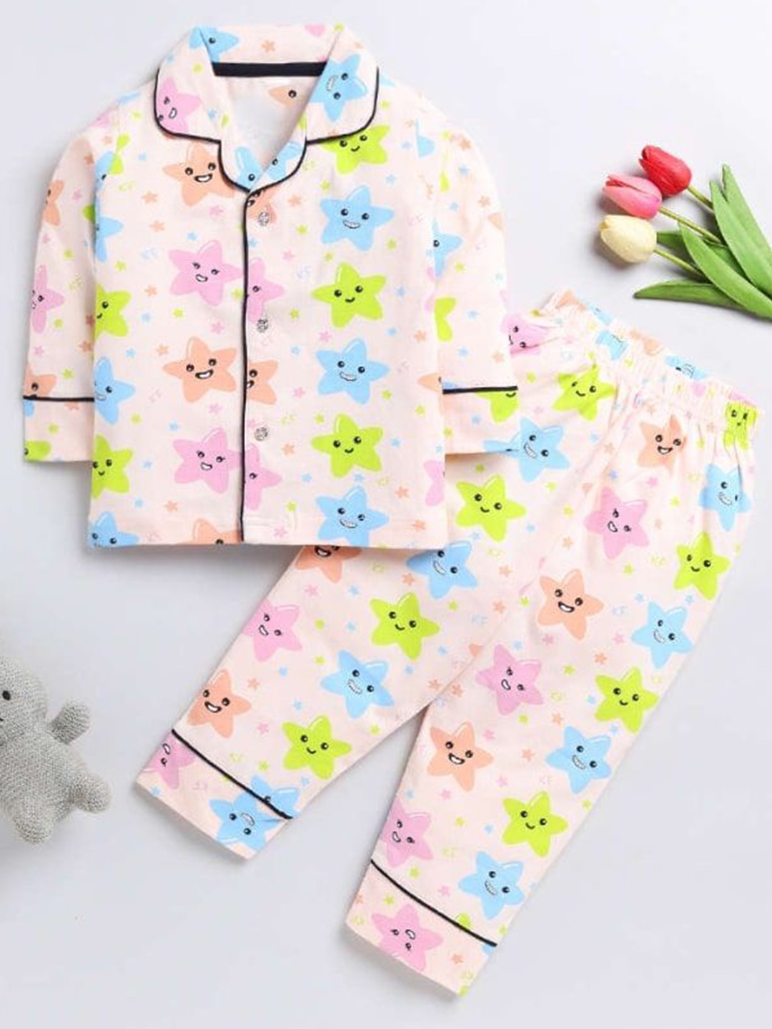 

ULTRINA Girls Printed Lapel Collar Shirt With Pyjama, Blue