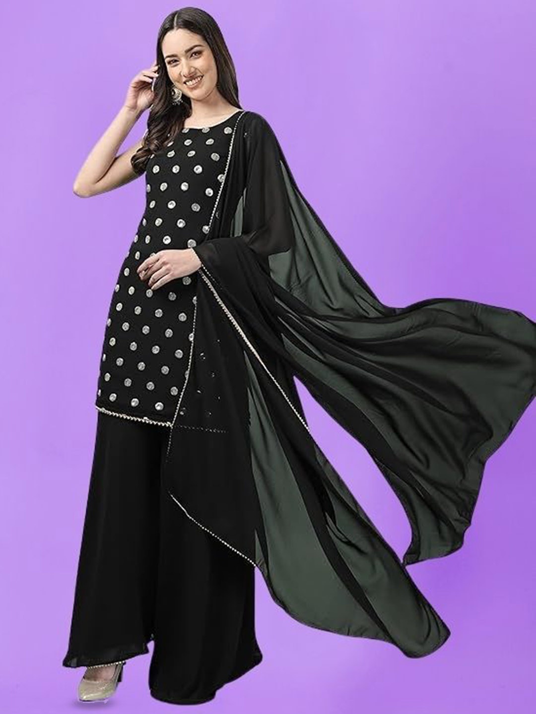 

PARROT CREATION Geometric Embroidered Sequinned Georgette Kurti with Sharara And Dupatta, Black