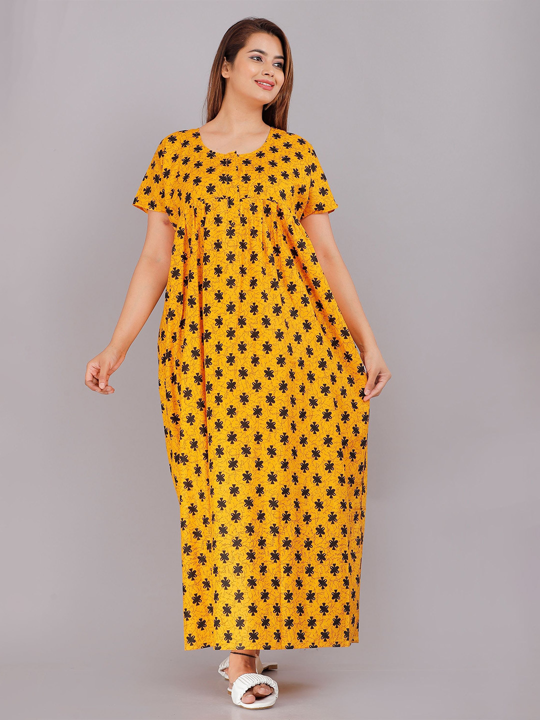 

PR PINK ROYAL Women Pure Cotton Printed Maxi Nightdress, Yellow