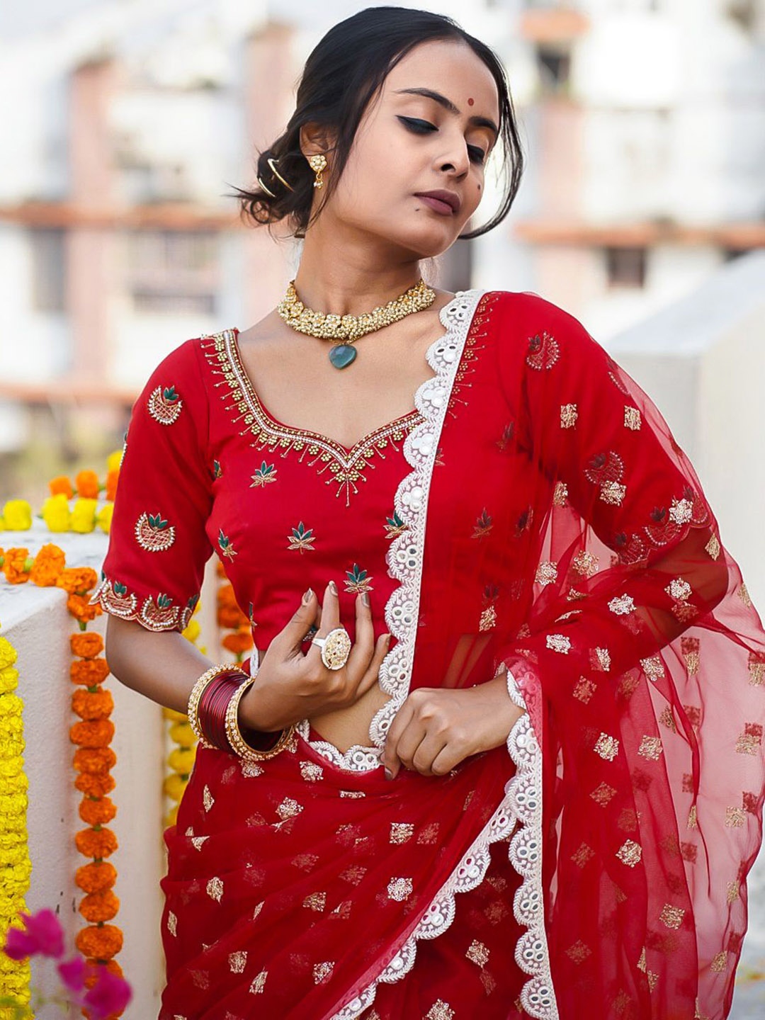

MONRI Embroidered Red Designer Saree Blouse