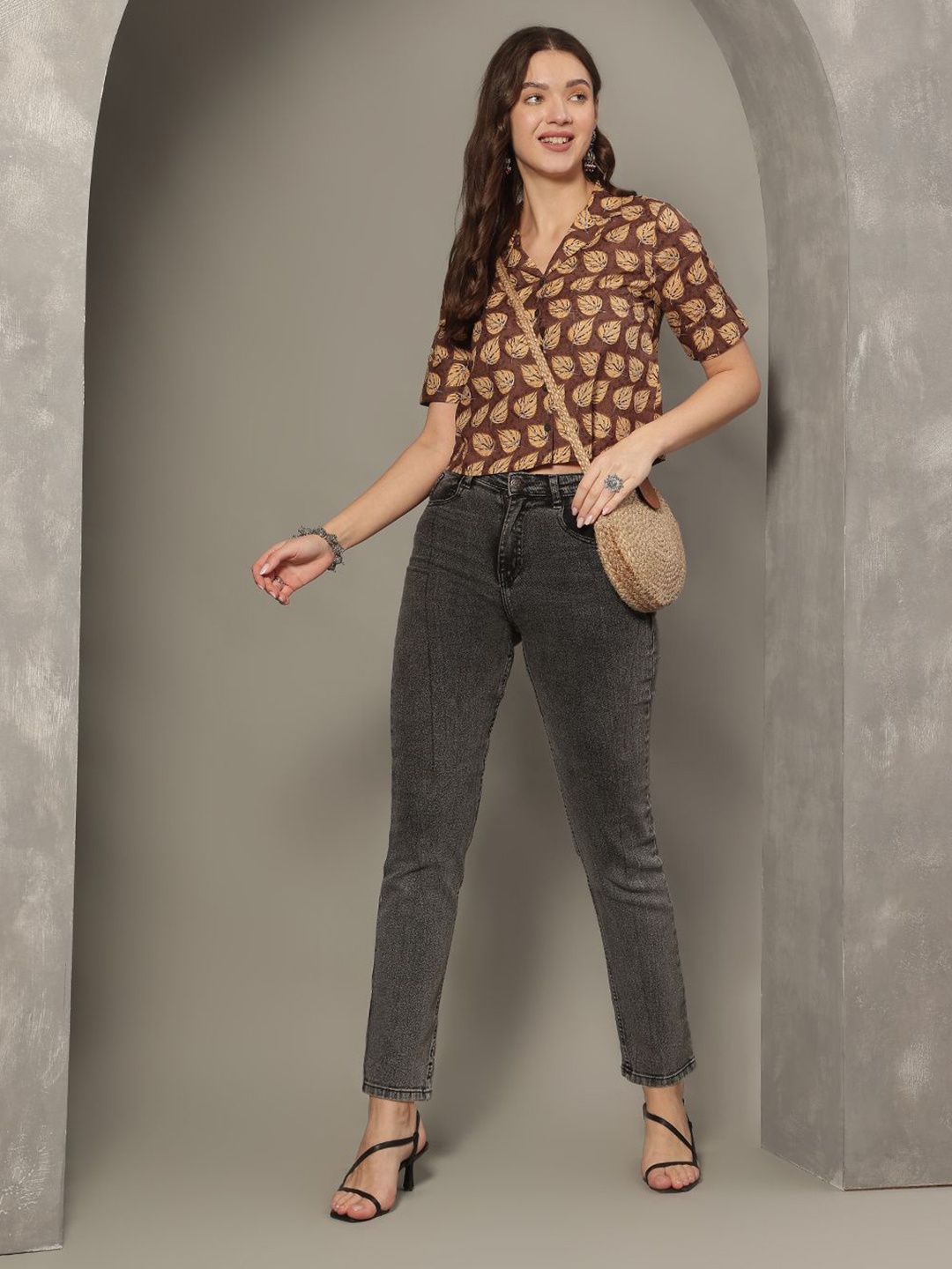 

JANAKDULARI CREATION Printed Shirt Style Crop Top, Brown