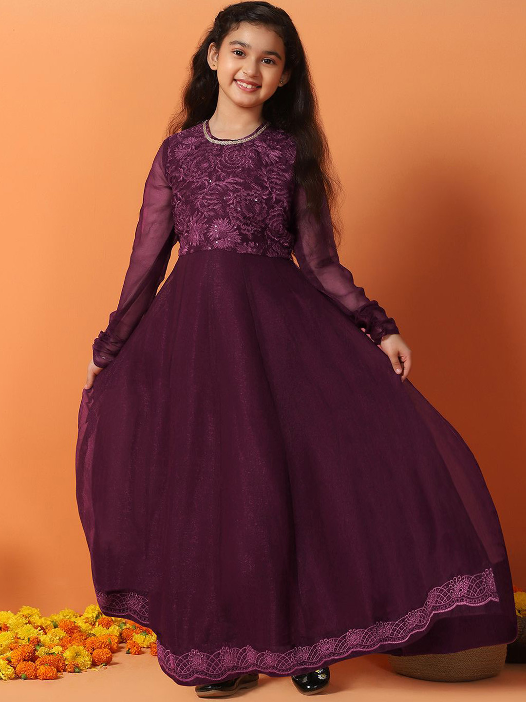 

Sangria Girls Embroidered Chiffon Anarkali Maxi Length Dress, Purple