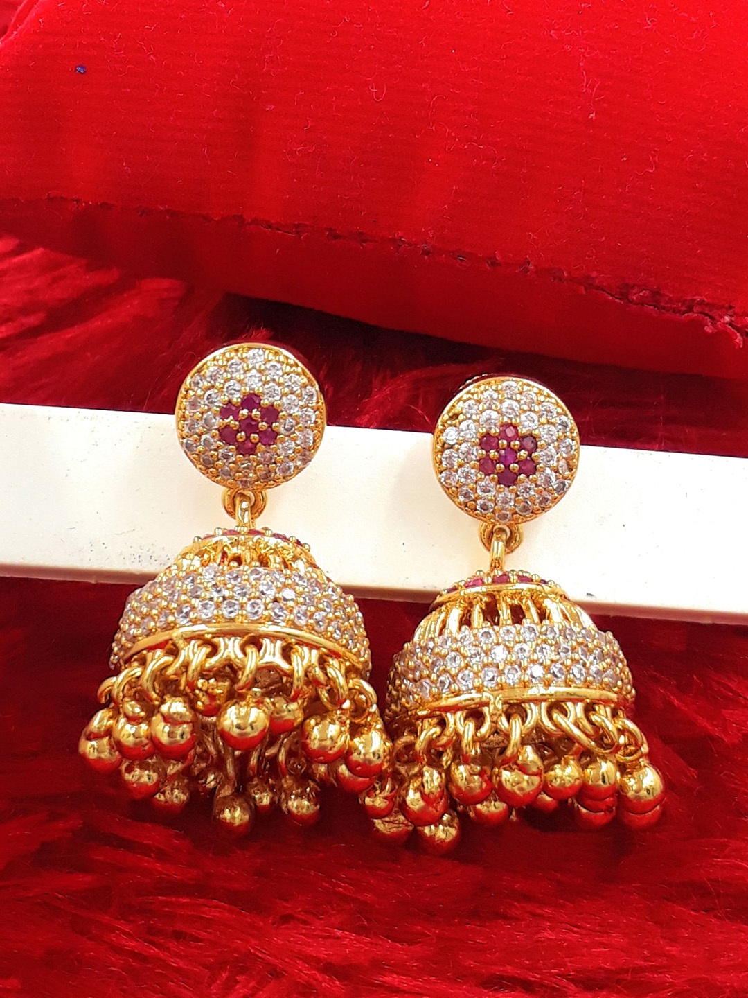 

Anujeet Fashion Hub Gold-Plated American Diamond Studded & Beaded Dome Shaped Jhumkas, White