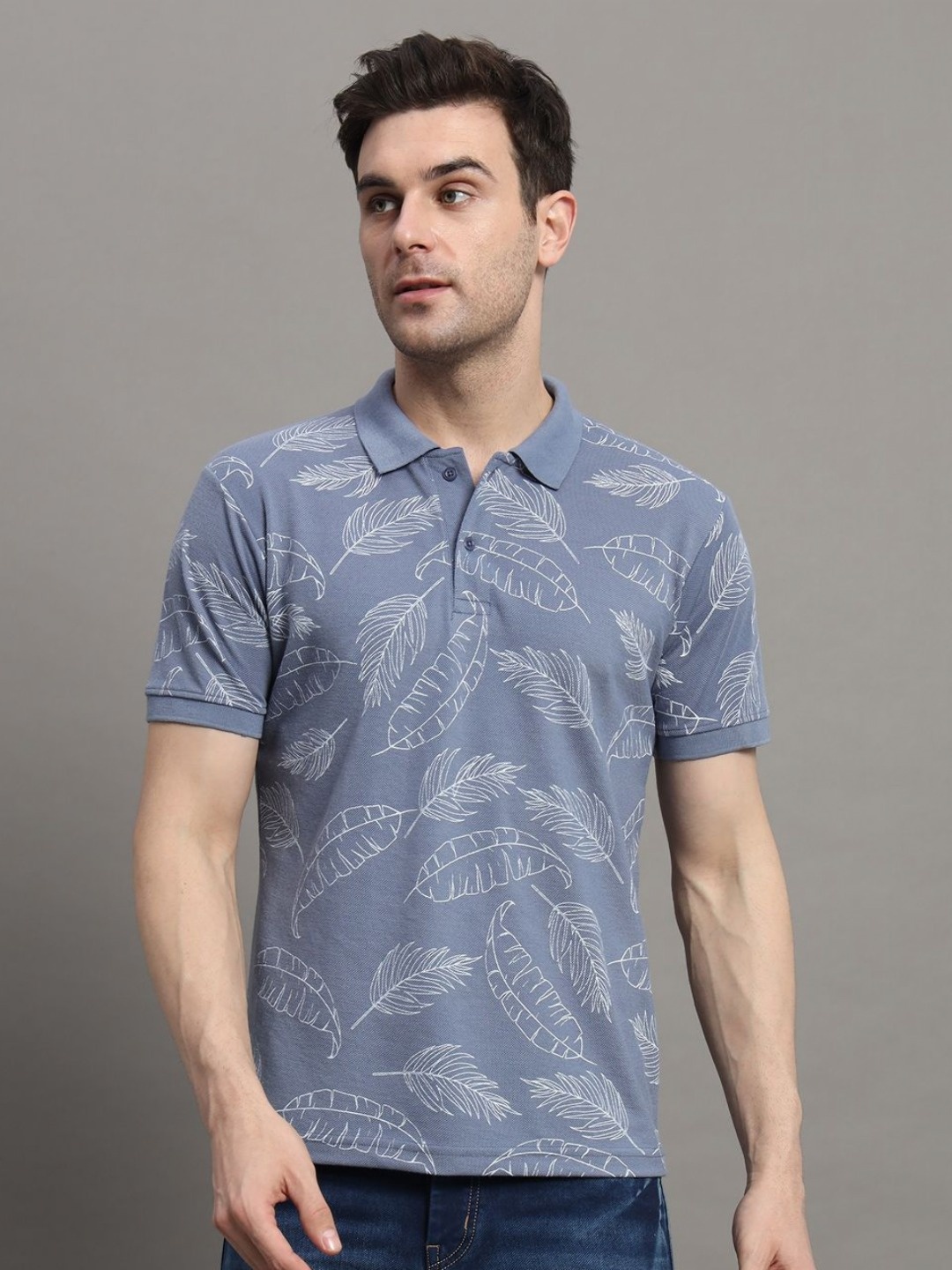 

NYKER Men Floral Printed Polo Collar Cotton T-shirt, Blue