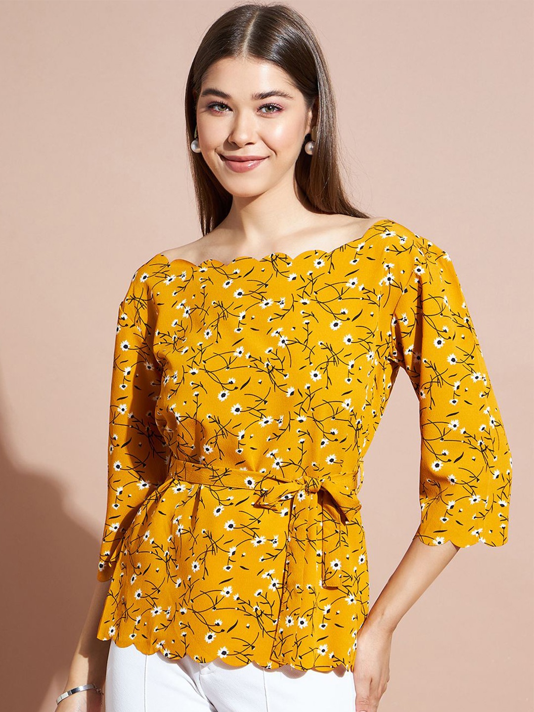 

DressBerry Floral Print Crepe Cinched Waist Top, Yellow