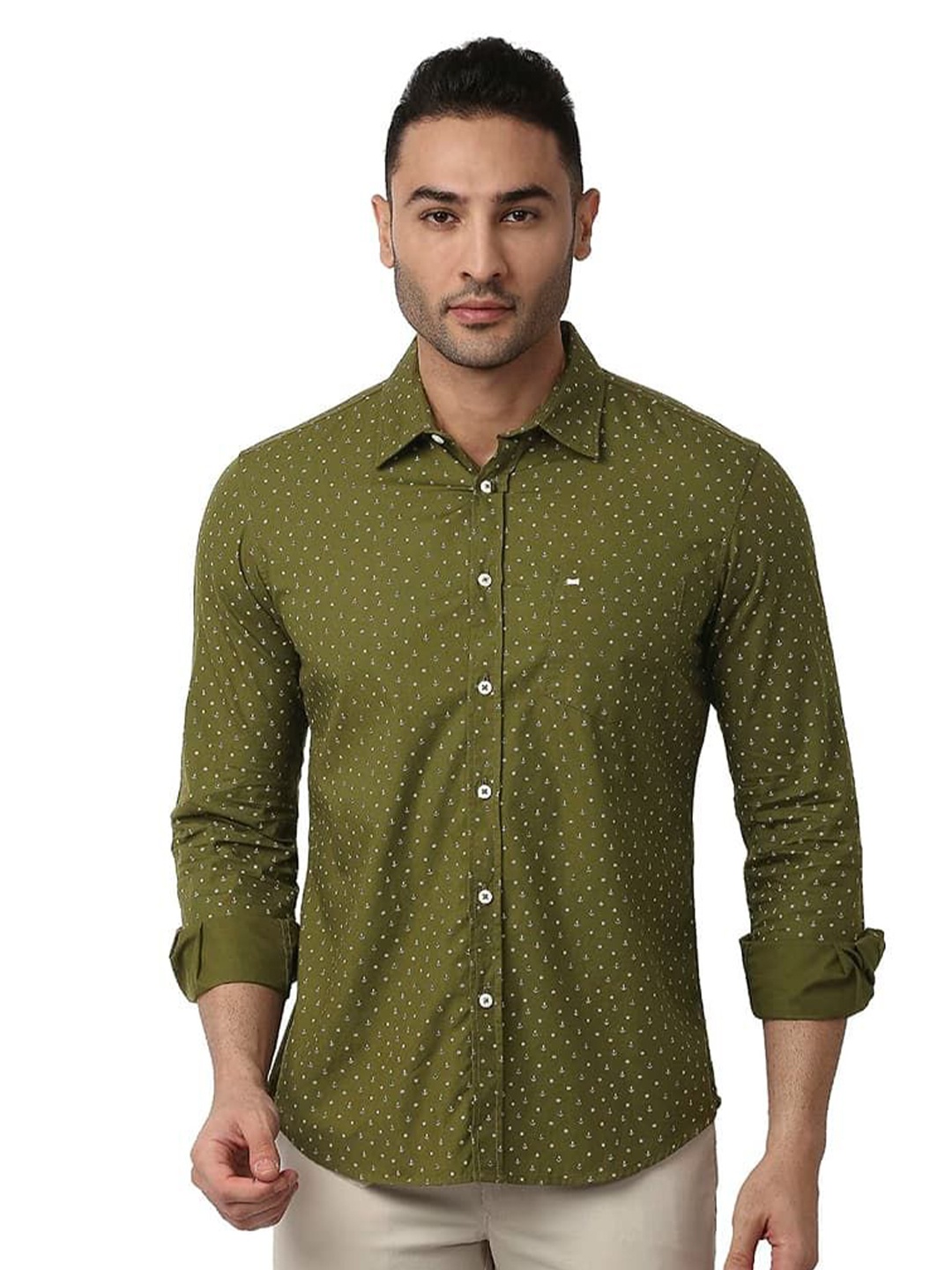 

Basics Men Relaxed Fit Spread Collar Floral Printed Cotton Casual Shirt, Olive