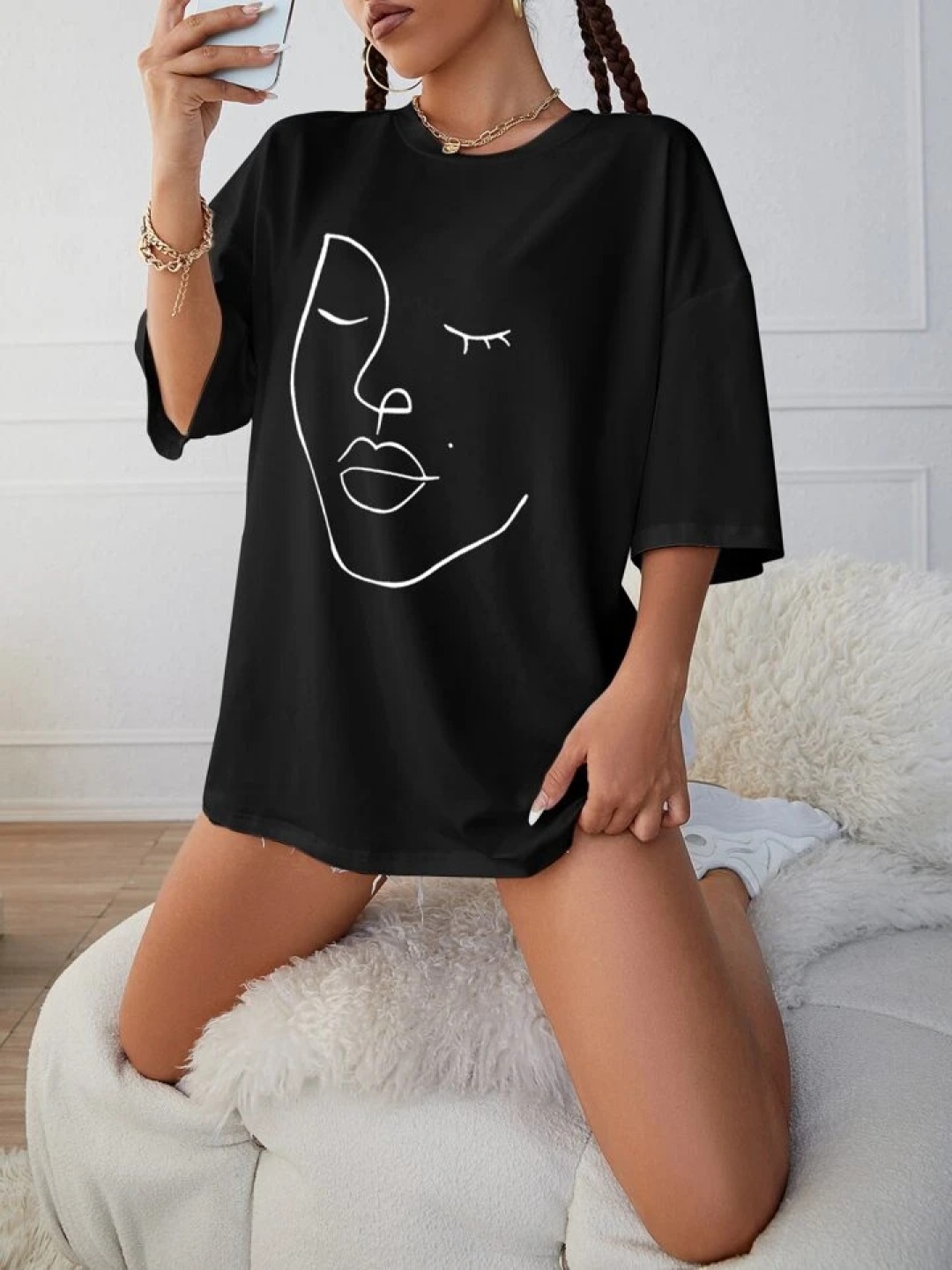 

KASHIAN Women Graphic Printed Round Neck Cotton Oversized T-shirt, Black