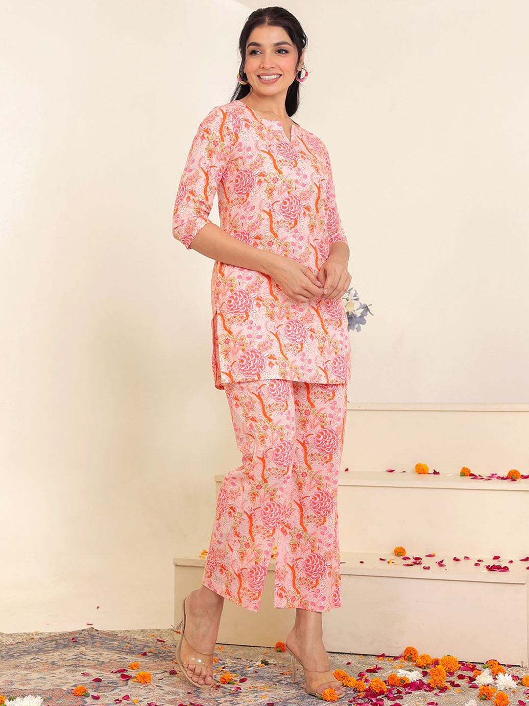 

GULAB CHAND TRENDS Ethnic Motifs Printed Pure Cotton Notch Neck Top With Trousers, Pink