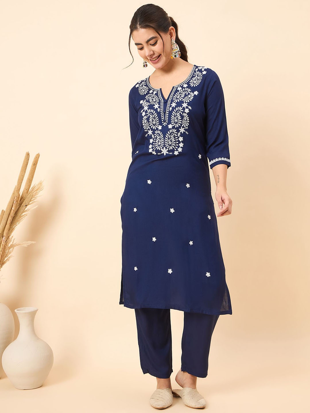 

Anouk Blue Ethnic Motifs Embroidered Notch Neck Kurta With Trouser