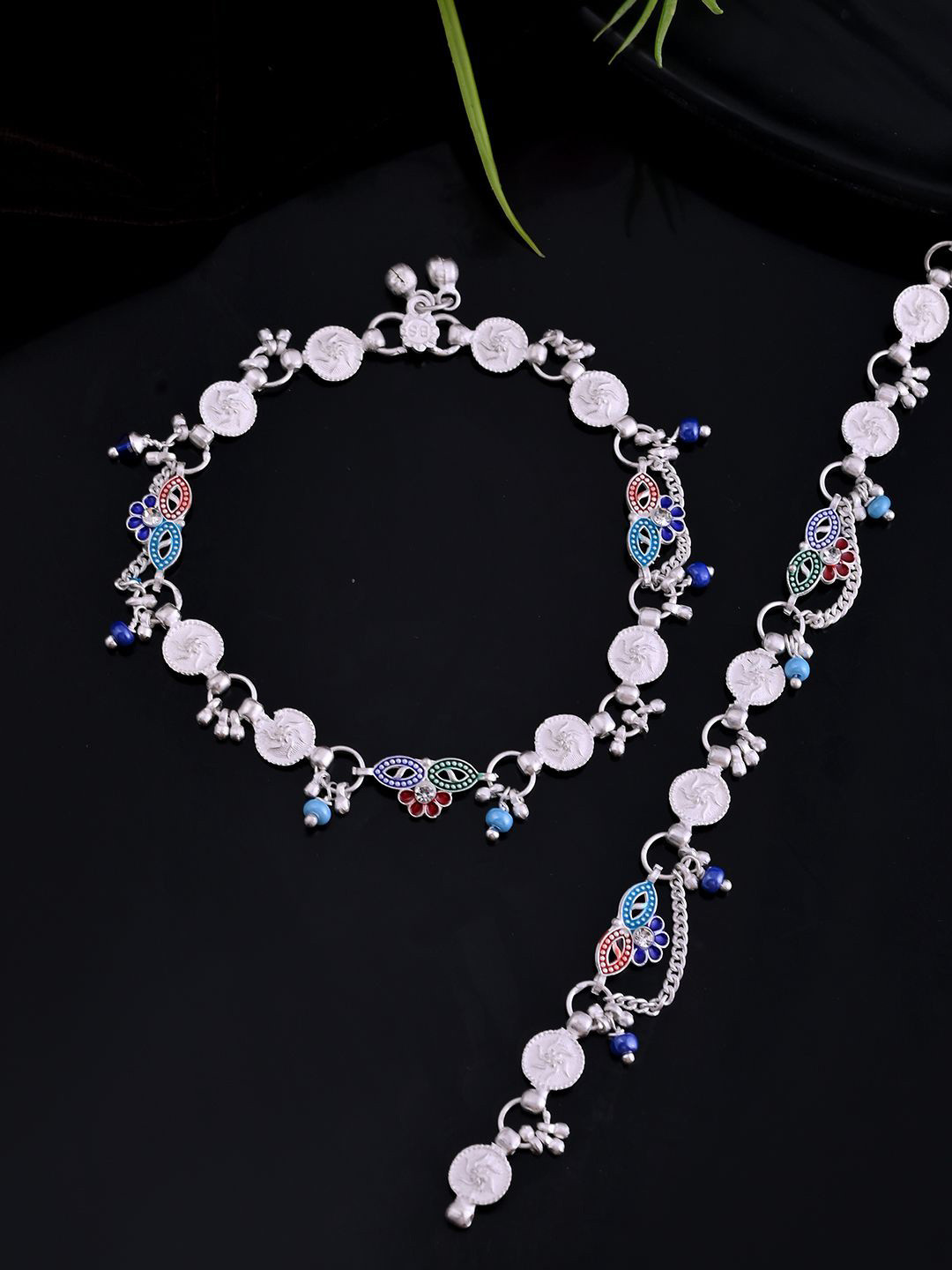 

Silvermerc Designs Silver-Plated Artificial Beads Beaded Floral and Coin Charms Anklet