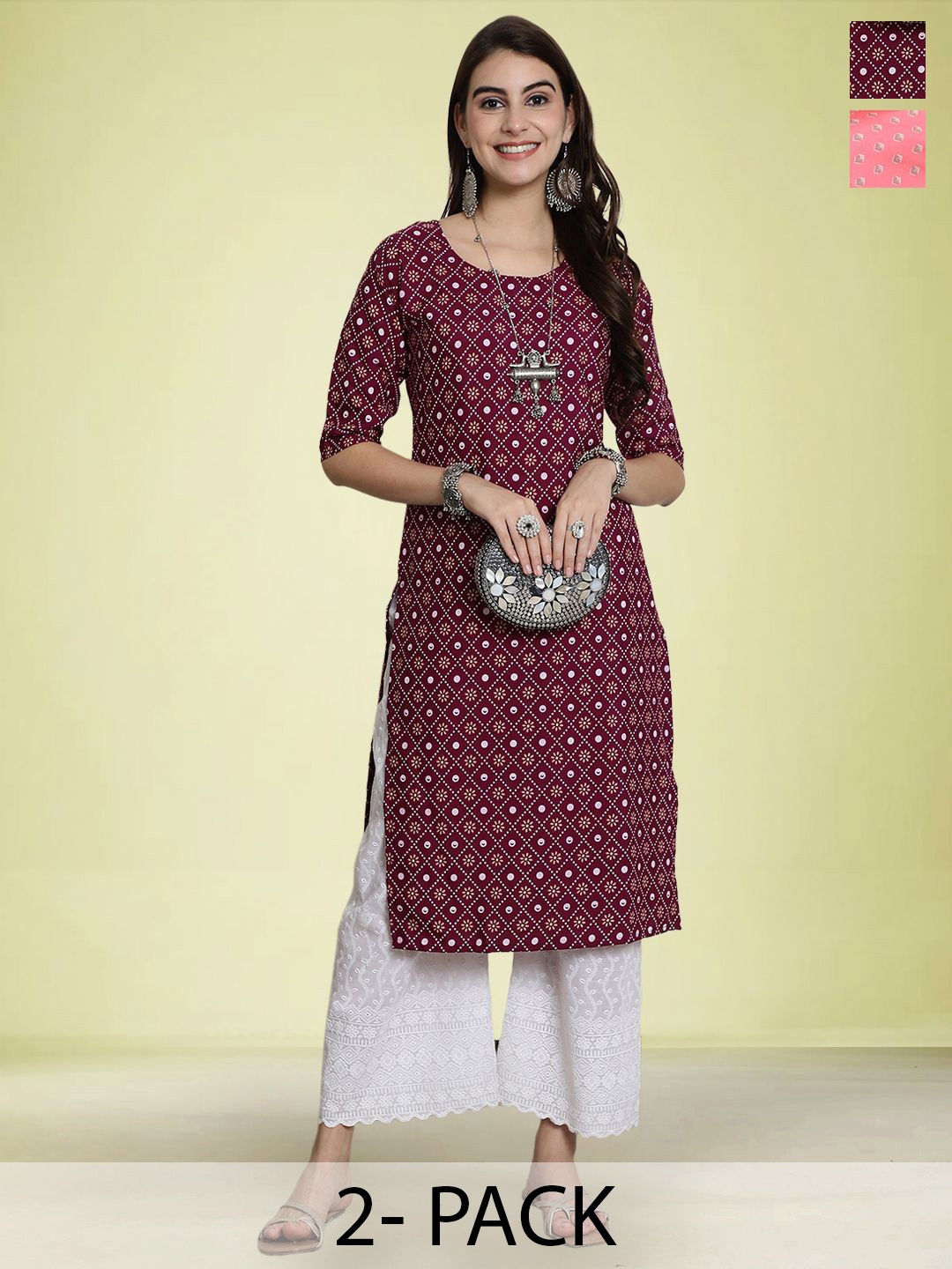 

Moda Rapido Set of 2 Ethnic Printed Round Neck Straight Kurtas, Maroon