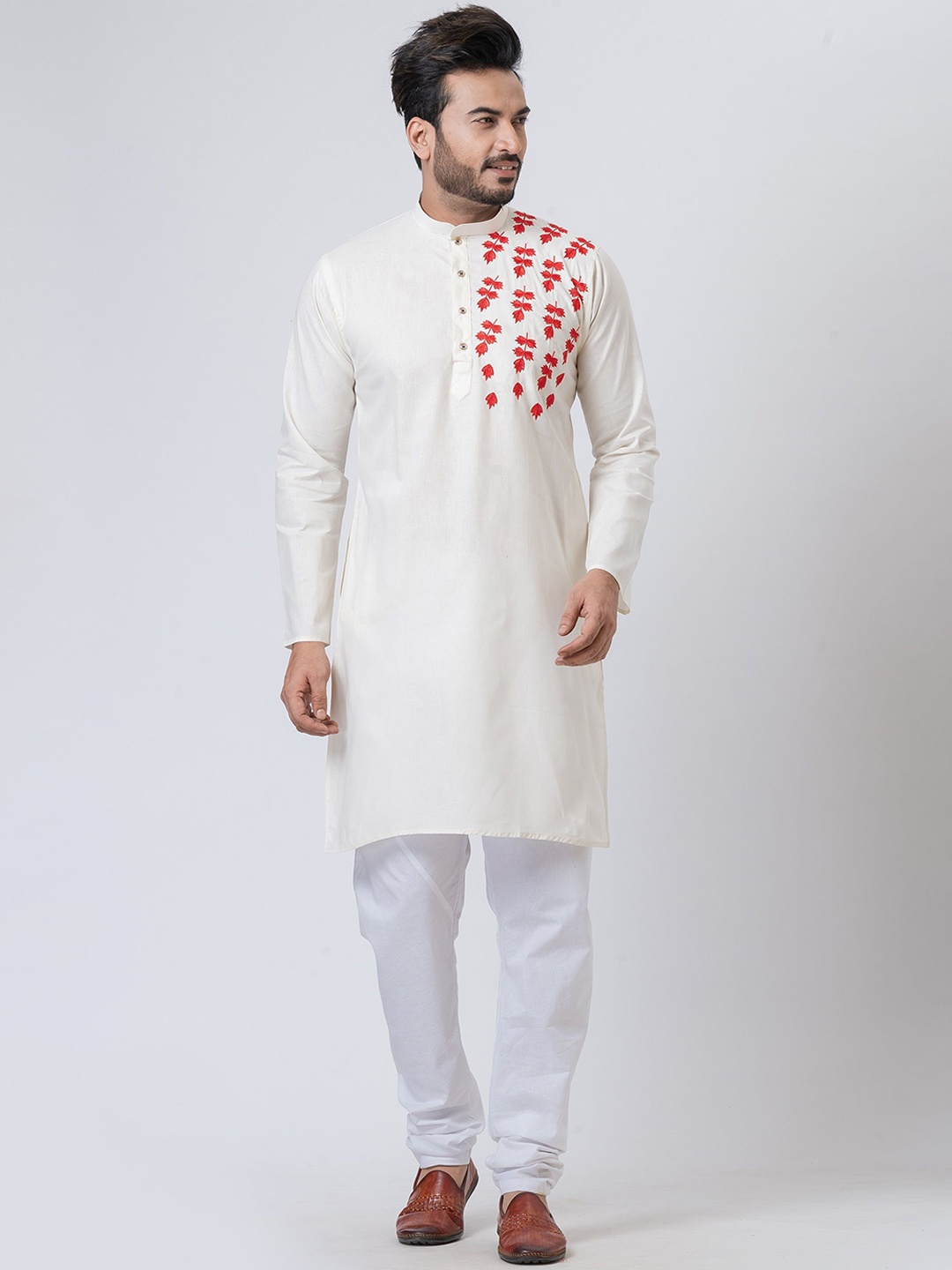 

Rainbow Cloths Embroidered Thread Work Mandarin Collar Straight Kurtav, White