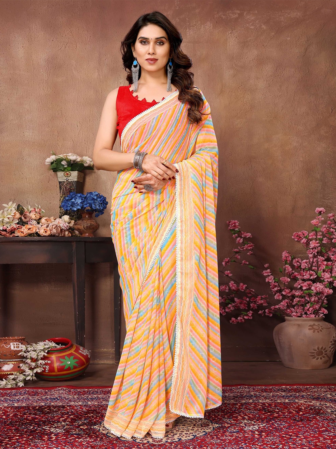 

DIVASTRI Geometric Printed Embroidered Ready to Wear Saree, Yellow