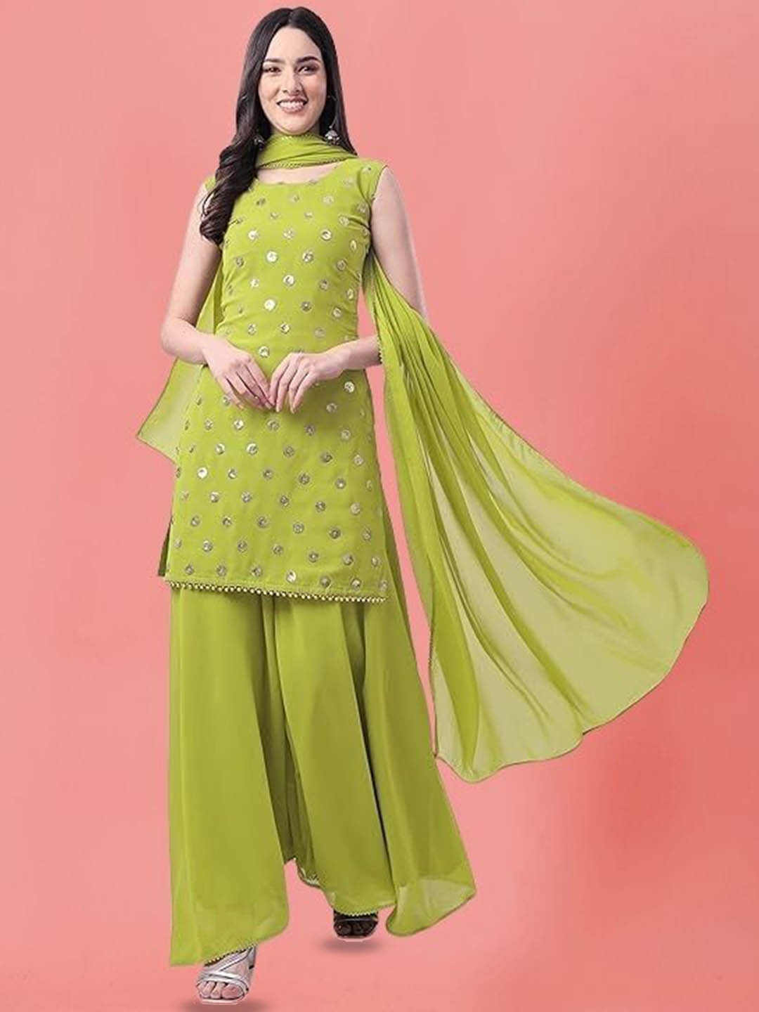 

PARROT CREATION Geometric Embroidered Sequinned Georgette Kurti with Sharara And Dupatta, Lime green