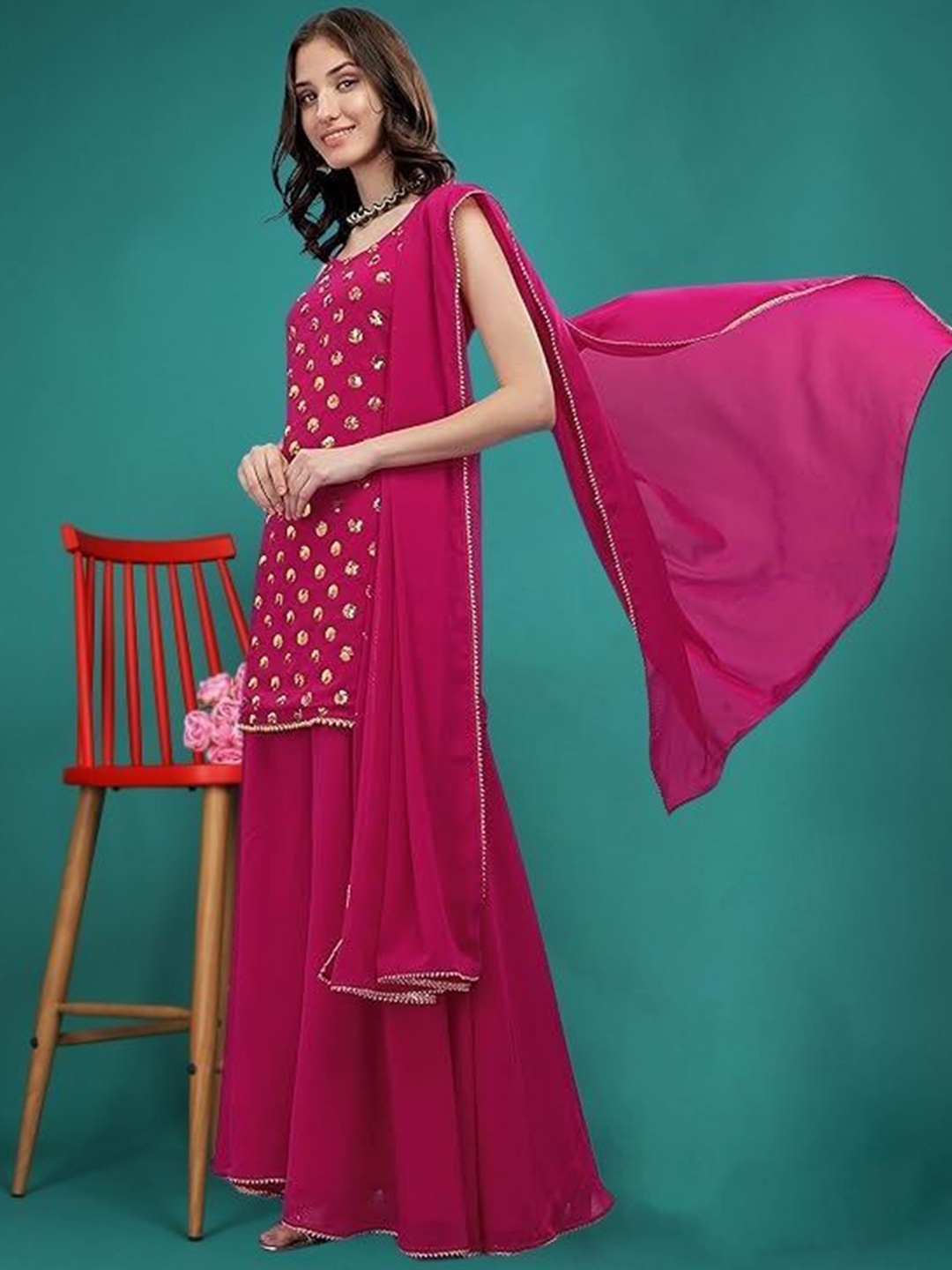 

PARROT CREATION Geometric Embroidered Georgette Straight Kurti With Palazzo & Dupatta, Pink