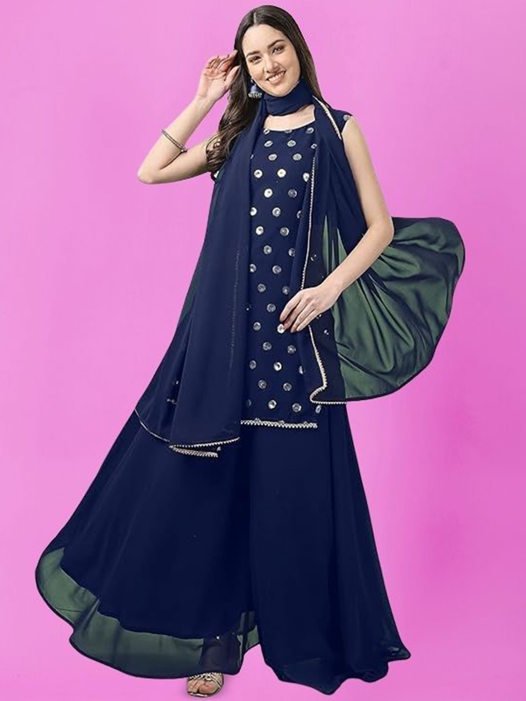 

PARROT CREATION Geometric Embroidered Georgette Straight Kurti With Sharara & Dupatta, Navy blue