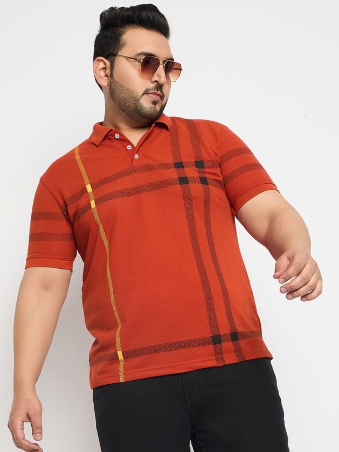 

RELANE Men Plus Size Checked Polo Collar Cotton T-shirt, Red