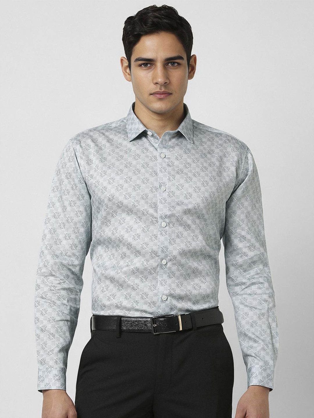 

V Dot Men Slim Fit Spread Collar Geometric Printed Cotton Formal Shirt, Grey