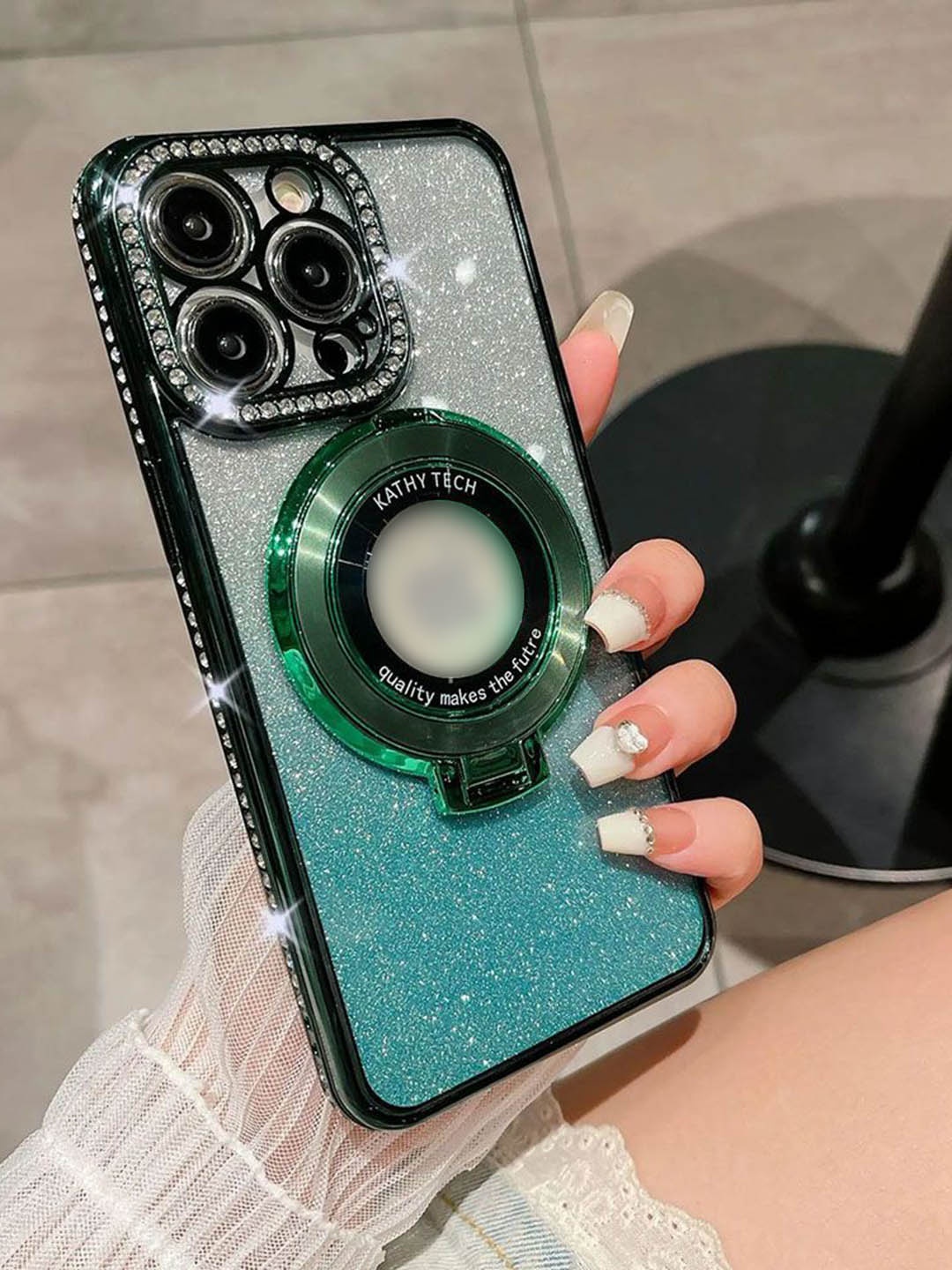 

Luxury Kase LK111 Solid iPhone 14 Pro Glitter Diamond Bracket Magnetic Holder Back Case, Green