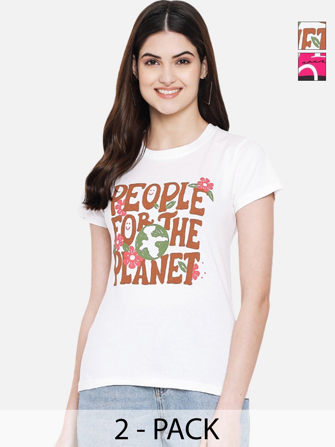 

Dreambe Women Pack Of 2 Graphic Printed Round Neck Cotton T-shirts, Multi