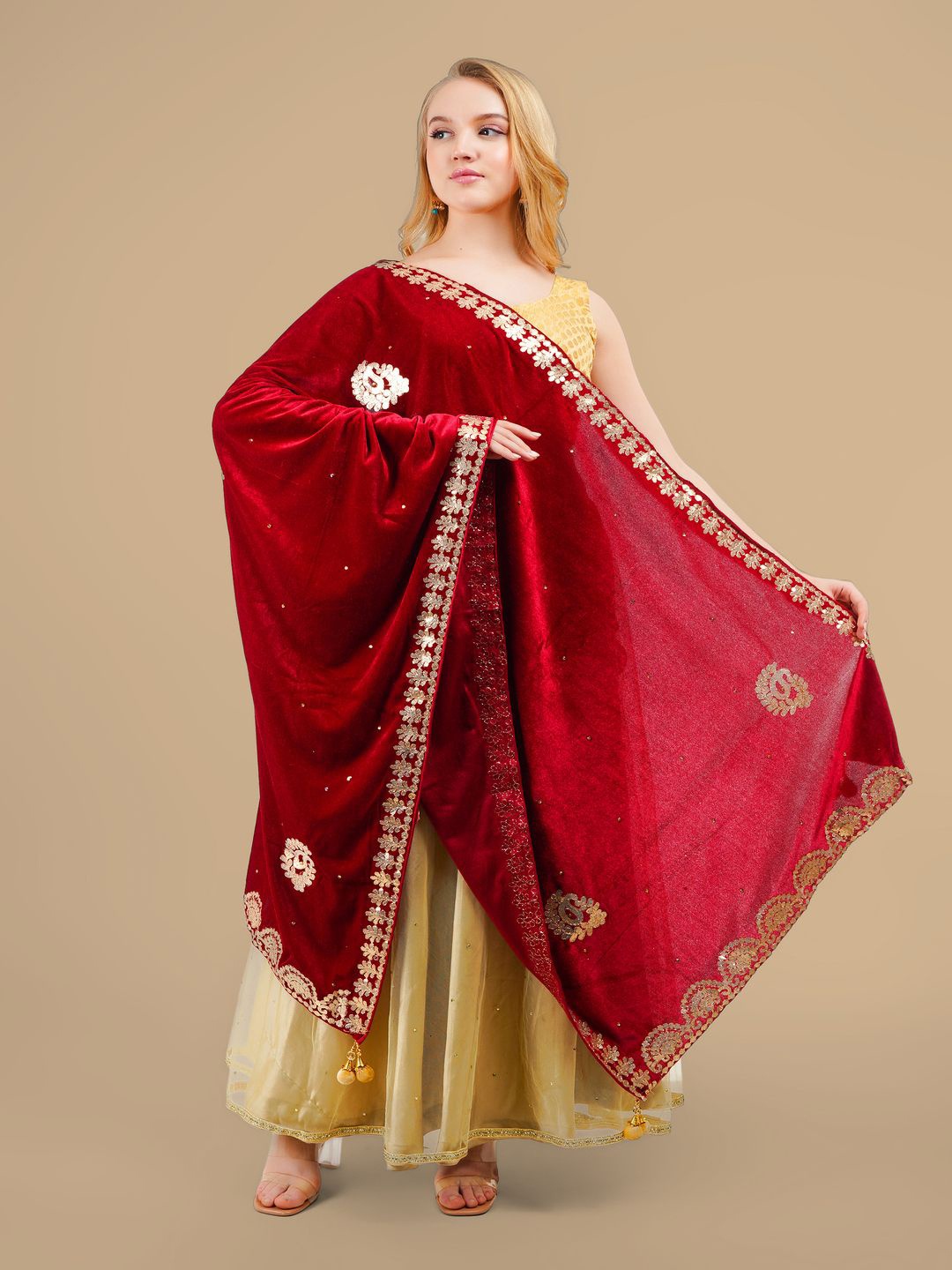 

Karthav Fashion Paisley Embroidered Velvet Dupatta With Gotta Patti, Maroon