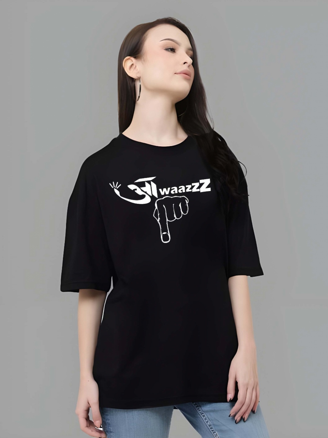 

SZN Women Graphic Printed Round Neck Cotton Oversized T-shirt, Black