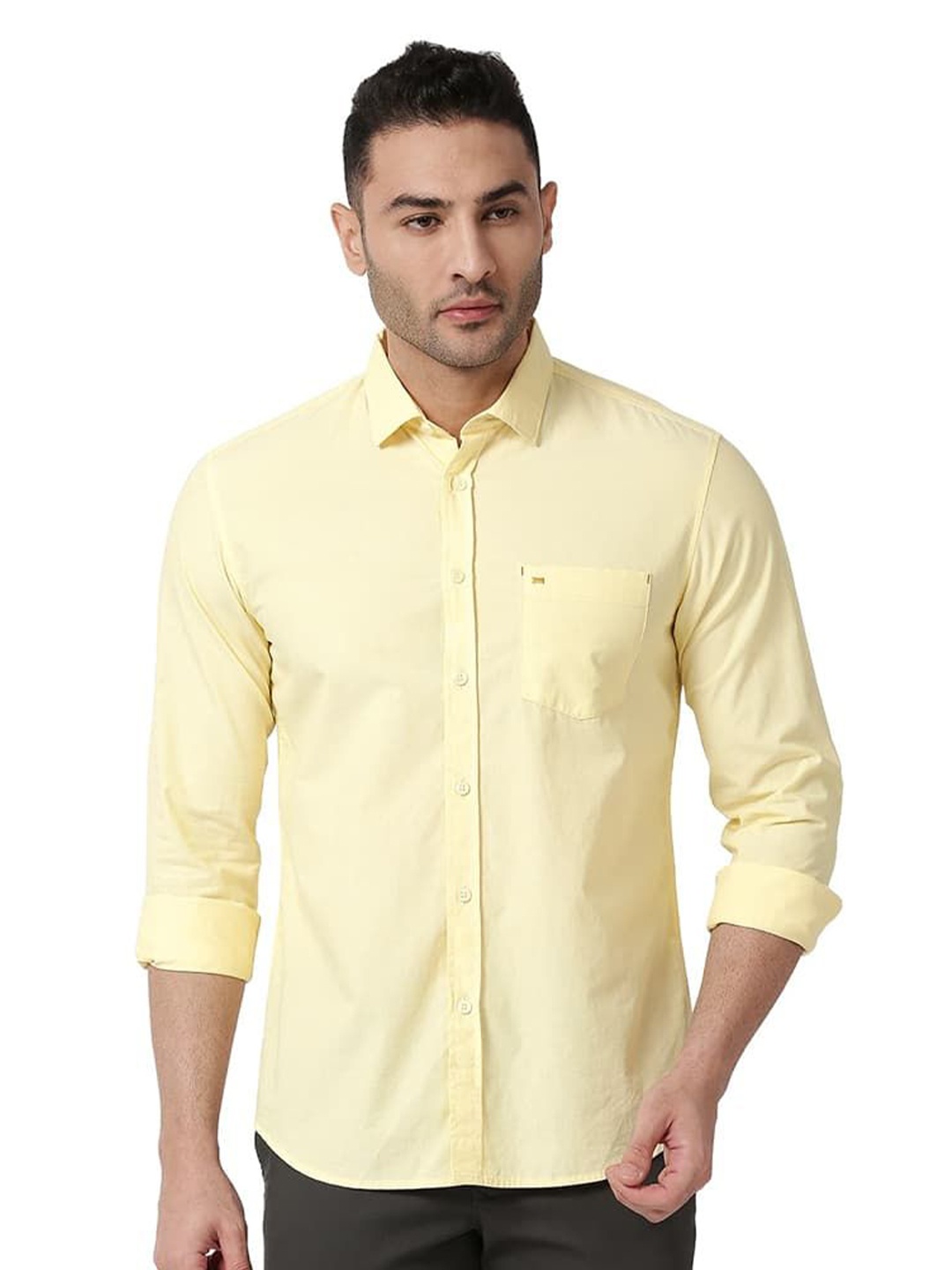

Basics Men Relaxed Fit Spread Collar Solid Cotton Casual Shirt, Yellow