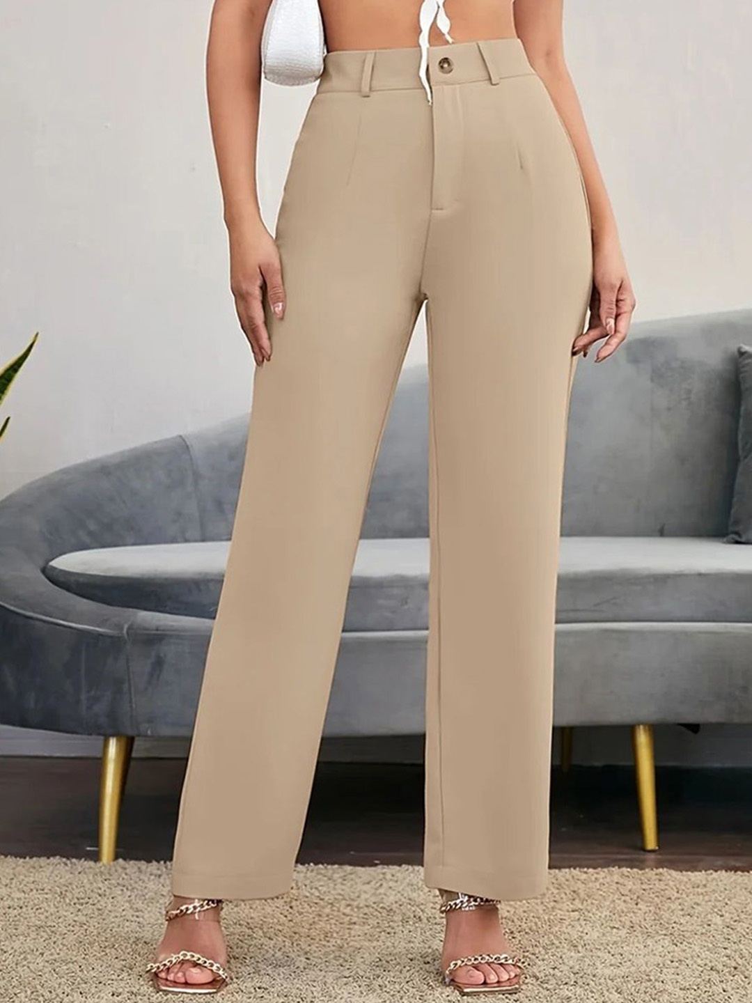 

FNOCKS Women Relaxed Straight Leg Straight Fit High-Rise Trousers, Beige