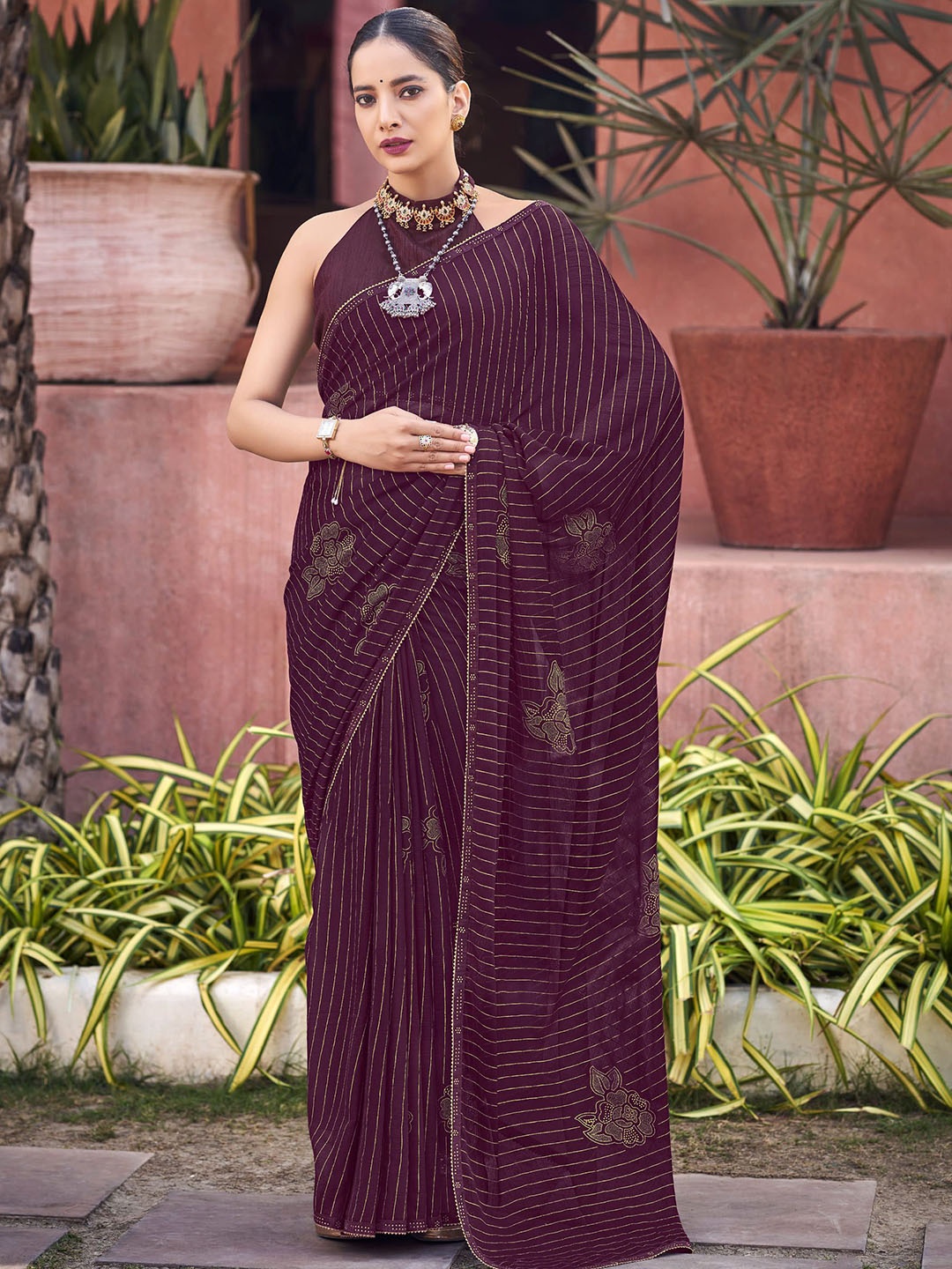 

A.V.M. SILK MILLS Floral Woven Design Pure Georgette Saree, Purple