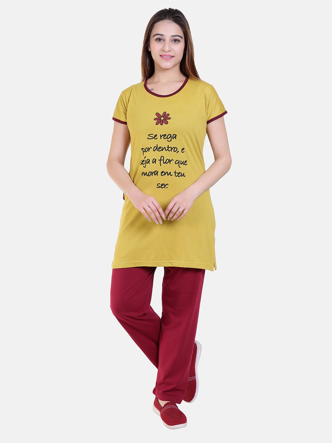 

Divine Girl Women Printed Pure Cotton Night Suit, Mustard