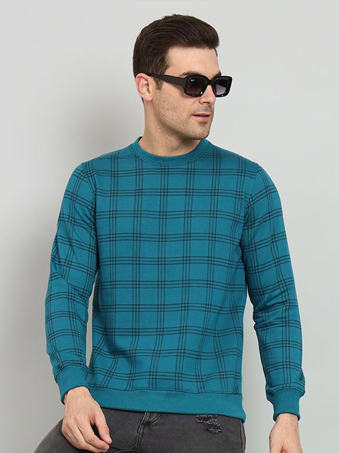 

OGEN Men Checked Ribbed Hemline Sweatshirt, Teal