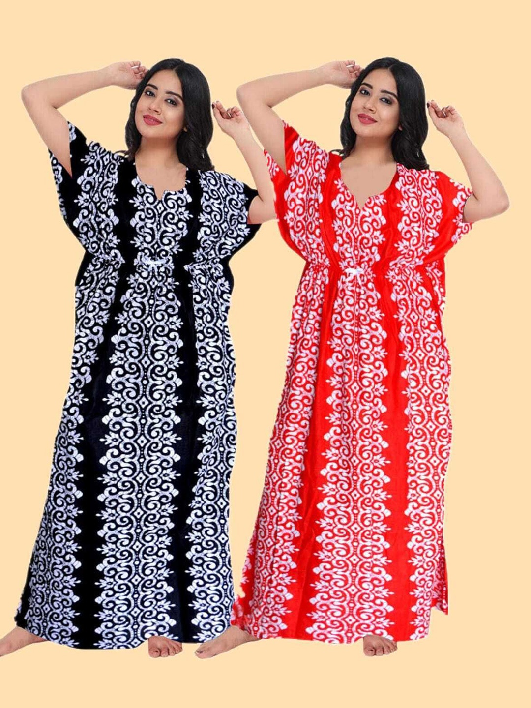 

PR PINK ROYAL Women Pack of 2 Printed Pure Cotton Maxi Nightdress