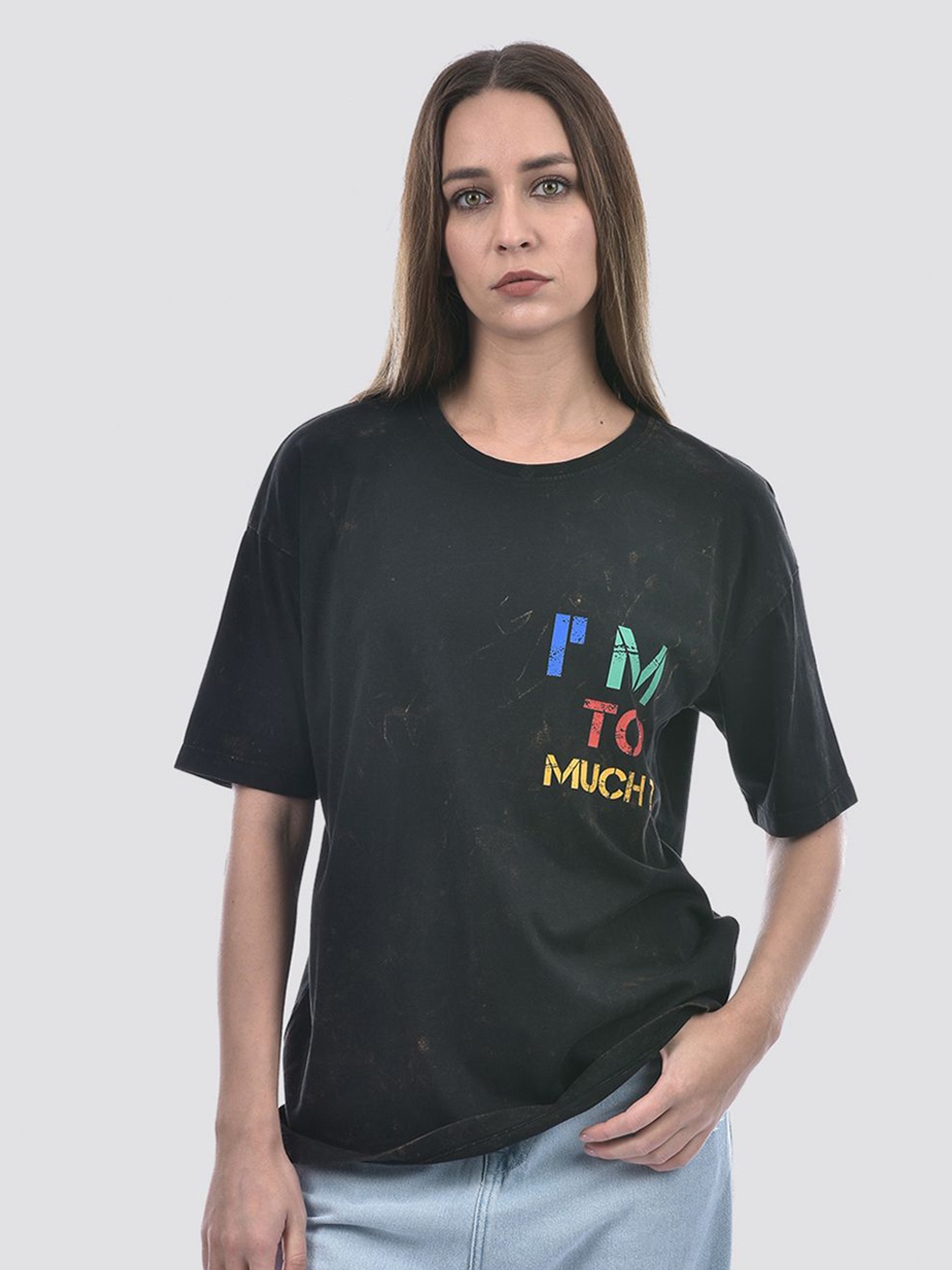 

ONLY Women Graphic Printed Round Neck Cotton Oversized T-shirt, Charcoal