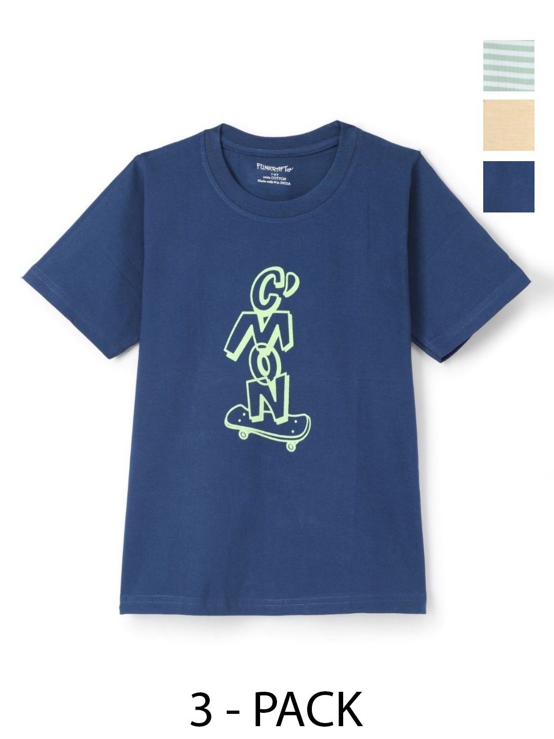 

FUNKRAFTS Boys Pack Of 3 Graphic Printed Round Neck Cotton T-shirts, Blue