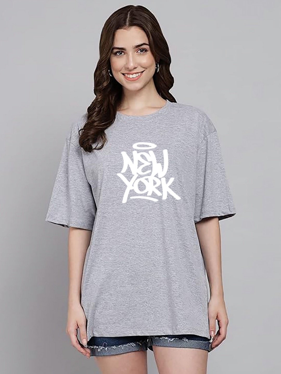 

My Swag Women Typography Printed Round Neck Cotton Oversized T-shirt, Grey